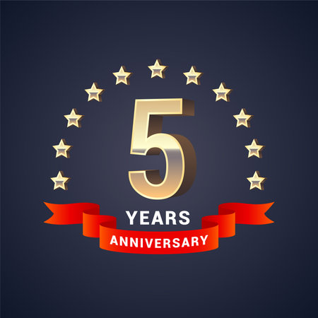 5 years anniversary vector icon, logo. Graphic design element with golden 3D numbers for 5th...