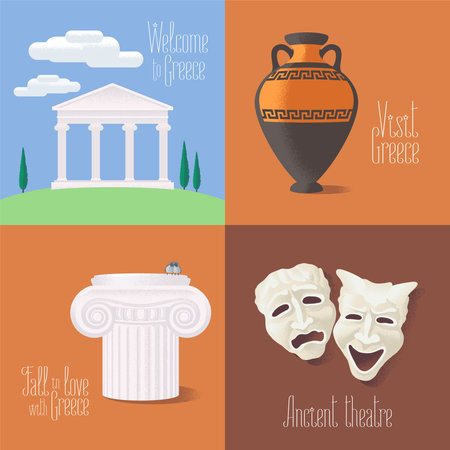 Set of vector illustrations with Greek touristic atractions: ancient ruins, theatre masks, amphora. Clip-art designs for visit Greece conceptのイラスト素材