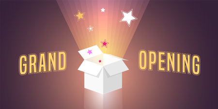 Grand opening vector illustration, background with open gift box and swirl. Template banner, design element for opening ceremonyのイラスト素材