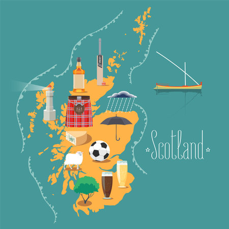 Map of Scotland vector illustration, design element. Icons with Scottish landmarks, famous cultural objects, whiskey, footballのイラスト素材