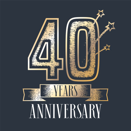 40 years anniversary vector icon, logo. Graphic design element with ribbon and golden color and grunge texture number for 40th anniversary ceremonyのイラスト素材
