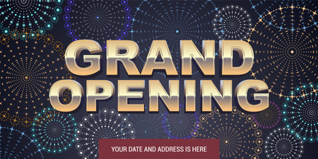 Grand opening vector background. Golden sign and fireworks display design element for poster or banner for opening eventのイラスト素材