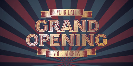 Grand opening vector illustration. Template banner with graphic background, ribbons and sign for opening eventのイラスト素材