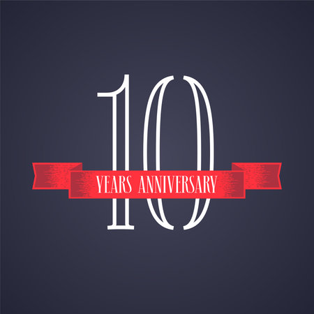 10 years anniversary vector icon, logo. Graphic design element with red ribbon and number for 10th anniversary celebrationのイラスト素材