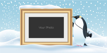 Scrapbook with New Year, Christmas or winter background vector illustration. Cute penguin character holding photo frame for collageのイラスト素材