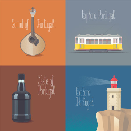Travel to Portugal concept vector illustrations. Fado guitar, old tramway in Lisboa, porto wine. Cartoon style design for visit Portugal and Lisbon postersのイラスト素材