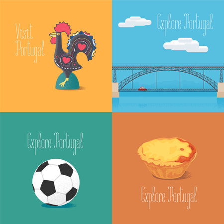 Portuguese symbol Barcelos rooster, football, bridge Dom Luis vector illustrations. Visit Portugal concept design elements or clipartsのイラスト素材