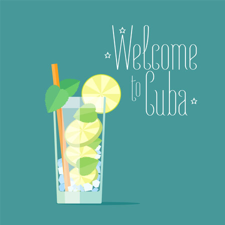 Cuban mojito coctail vector illustration. Concept design for travel to Cuba with traditional alcoholic drinkのイラスト素材