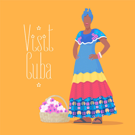 Cuban black woman vector illustration. Poster for travel to Cuba concept with woman in the streets of Havana.のイラスト素材