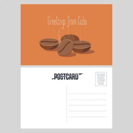 Postcard from Cuba with roasted coffee beans vector illustration. Greeting card with template text box sent from Cuba with national drink.のイラスト素材