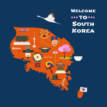 Map of South Korea vector illustration, design. Icons with South Korean landmarks. Explore Korea concept imageのイラスト素材