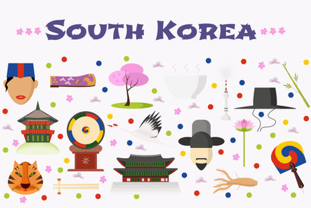 Travel to South Korea vector icons set, background or banner. Korean landmarks, food, cultural objectsのイラスト素材