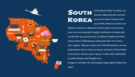 Map of South Korea in article template vector illustration, design element. Icons with South Korean landmarks, famous cultural objects, palace, foodのイラスト素材