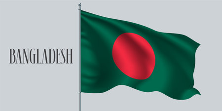 Bangladesh waving flag on flagpole vector illustration. Two colors elements of Bangladeshi wavy realistic flag as a symbol of countryのイラスト素材