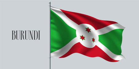 Burundi waving flag on flagpole vector illustration. Three colors elements of Burundi wavy realistic flag as a symbol of countryのイラスト素材