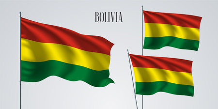 Bolivia waving flag set of vector illustration. Red, green, yellow stripes of Bolivian wavy realistic flag as a patriotic symbolのイラスト素材