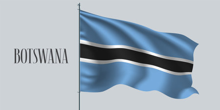 Botswana waving flag on flagpole vector illustration. Triple stripes of wavy realistic flag as a symbol of countryのイラスト素材