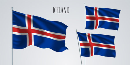 Iceland waving flag set of vector illustration. White red blue colors of Iceland wavy realistic flag as a patriotic symbolのイラスト素材