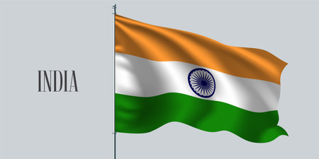 India waving flag on flagpole vector illustration. Three colors element of Indian wavy realistic flag as a symbol of countryのイラスト素材