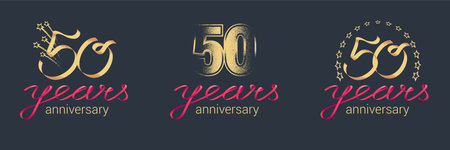 50 years anniversary vector icon, logo set. Graphic design element with lettering and red ribbon for...