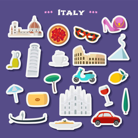 Travel to Italy vector icons set. Italian landmarks, gondola, Rome Colosseum as cut out stickers. Visit Italy concept design elementsのイラスト素材