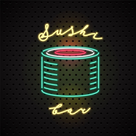 Vector icon, design element for sushi bar with neon sign. Template emblem with typography elements made with bright neon lights for Japanese cuisine.のイラスト素材