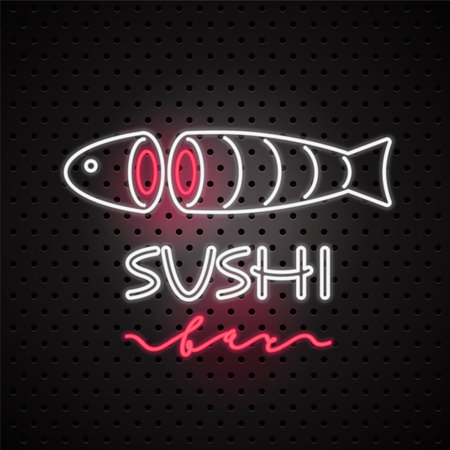 Vector icon, design element for sushi with neon sign. Template emblem with cut fish for sushi delivery service or restaurant.のイラスト素材
