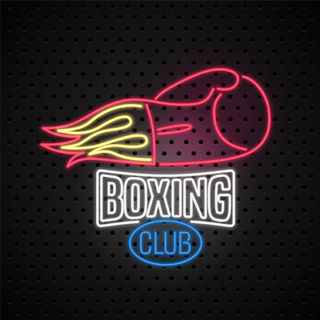 Boxing club neon sign for vector icon. Design element with boxing gloves.のイラスト素材