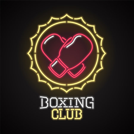 Vector icon, design element for boxing club with neon lights sign. Design element can be used as sticker or poster with boxing gloves.のイラスト素材