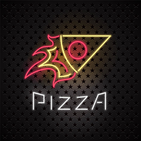Neon sign for Italian pizza vector icon, emblem. Template design with neon lights for pizza delivery advertisement.のイラスト素材