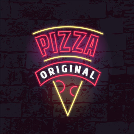 Neon sign for pizza restaurant vector icon. Design element with bright neon electric lights can be used as emblem for pizza delivery.のイラスト素材