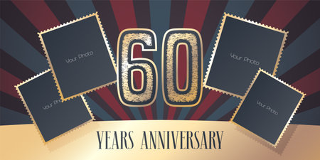 60 years anniversary vector icon, logo. Template design element, greeting card with collage of photo frames and gold color number for 60th anniversary. Can be used as background or bannerのイラスト素材