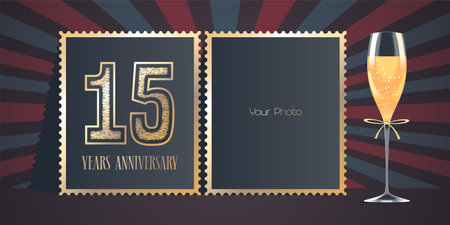 15 years anniversary vector icon, logo. Template design, greeting card with collage of photo frames, number for 15th anniversary and champagne for background or bannerのイラスト素材