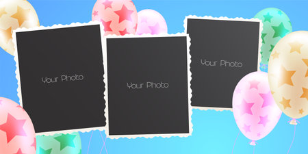 Collage of photo frames vector illustration. Design element of background with air balloons and templates for blank set of photo or picturesのイラスト素材