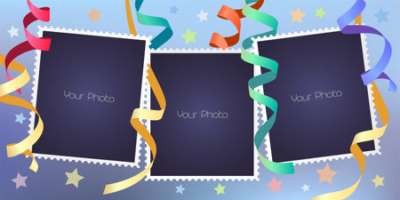 Collage of photo frames vector illustration. Design element of festive background and blank frames for scrapbook or photo albumのイラスト素材