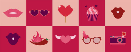 Happy Valentines day set of vector icons. Graphic design for Valentines greetings with hearts,...