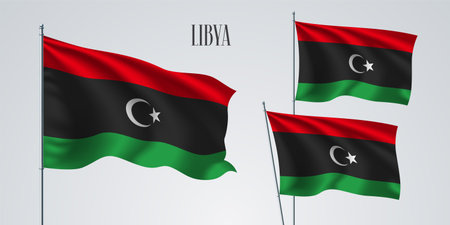 Libya waving flag set of vector illustration. Red green colors of Libyan wavy realistic flag as a patriotic symbolのイラスト素材