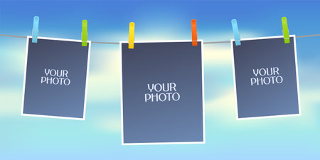 Collage of photo frames vector illustration. Design element of sky on background and empty frames for photo or picturesのイラスト素材