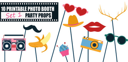 Colorful photo booth props icon set vector illustration.のイラスト素材