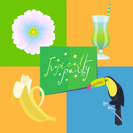 Poster or banner for tropical beach party vector illustration. Set of icons, symbols for tropics design theme with banana, cocktails, toucanのイラスト素材