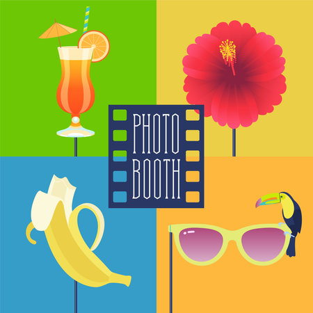 Props photo booth icon set vector illustration. Collection of printable icons with tropical party design elements such as cocktail glass, flower, fruits perfect for photo booth decorations.のイラスト素材