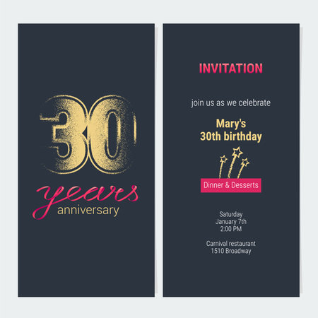 30 years anniversary invitation vector illustration. Graphic design template with golden glitter stamp for 30th anniversary party or dinner inviteのイラスト素材
