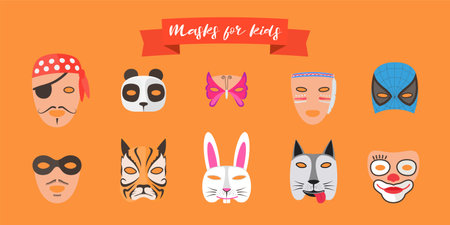 Masks for children with different animals vector illustrations. Decoration for kids party with faces of cartoon charactersのイラスト素材