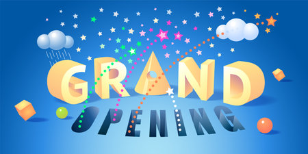 Grand opening vector illustration. Template banner with graphic background and nonstandard modern style sign for opening eventのイラスト素材