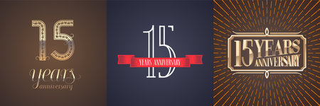 15 years anniversary vector icon, logo set. Graphic design element with red ribbon and golden number for celebration of 15th anniversaryのイラスト素材