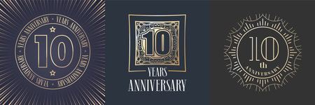 10 years anniversary vector icon, logo set. Graphic round gold color design elements for 10th anniversary bannerのイラスト素材