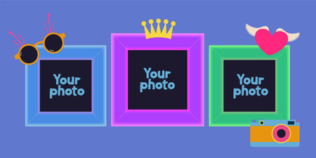 Collage of photo frames vector illustration. Design with hipster style elements and template frames for photo or picturesのイラスト素材