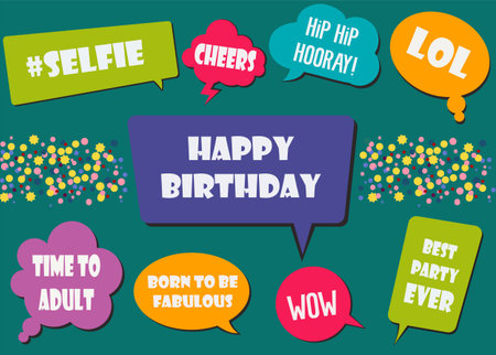 Multicolored photo booth props set vector illustration. Collection of design elements with birthday party speech bubbles and jokes. Perfect for photobooth shootingのイラスト素材