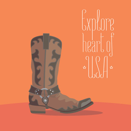 Visit USA image with cowboy boot vector illustration, poster. Design element with traditional shoe of American cowboy in travel to America conceptのイラスト素材
