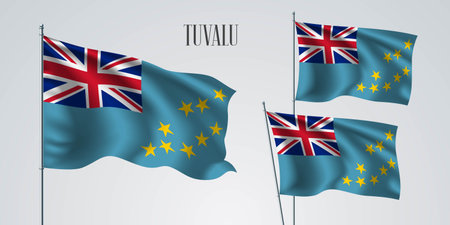 Tuvalu waving flag set of vector illustration. Blue red colors of Tuvalu wavy realistic flag as a patriotic symbolのイラスト素材